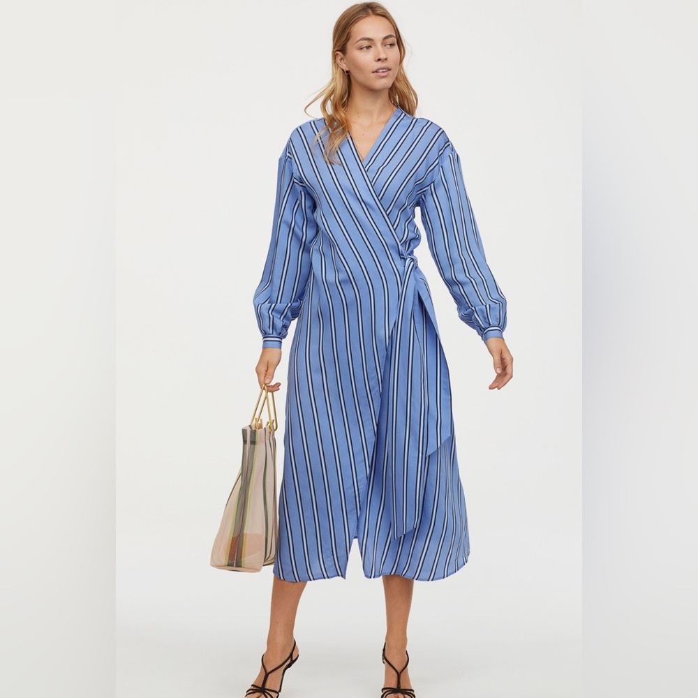H&M Navy Charlotte Blue Stripe Wrap Maxi Dress bow belt Hamptons Summer Spring